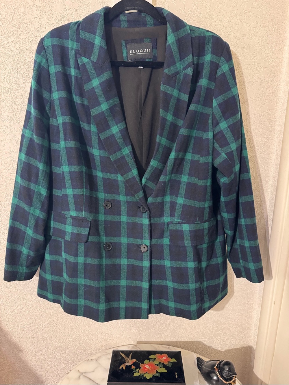 Eloquii Navy &!Green Plaid Double-Breasted Blazer,90s style, slouchy,100% cotton